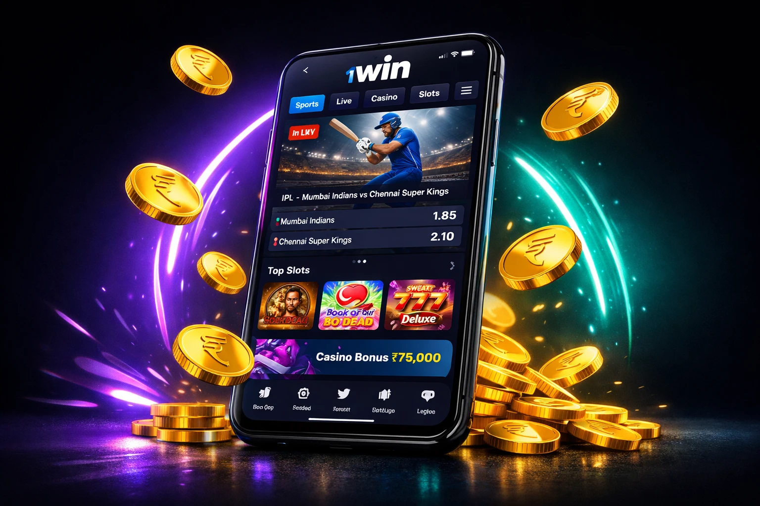 1Win India mobile app and pocket sportsbook on a smartphone screen